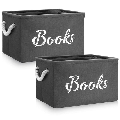 Yungyan 2 Pcs Book Toys Storage Bin for Shelves Toys Cloth 15 x 11 x 9 Book Toys Storage Basket Organizer with Handles Collapsible Bin for Bedroom(Gray,Books)