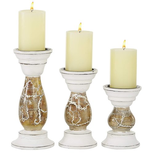 Deco 79 Wood Abstract Candle Holder, Set of 3 6", 8", 10"H, Beige