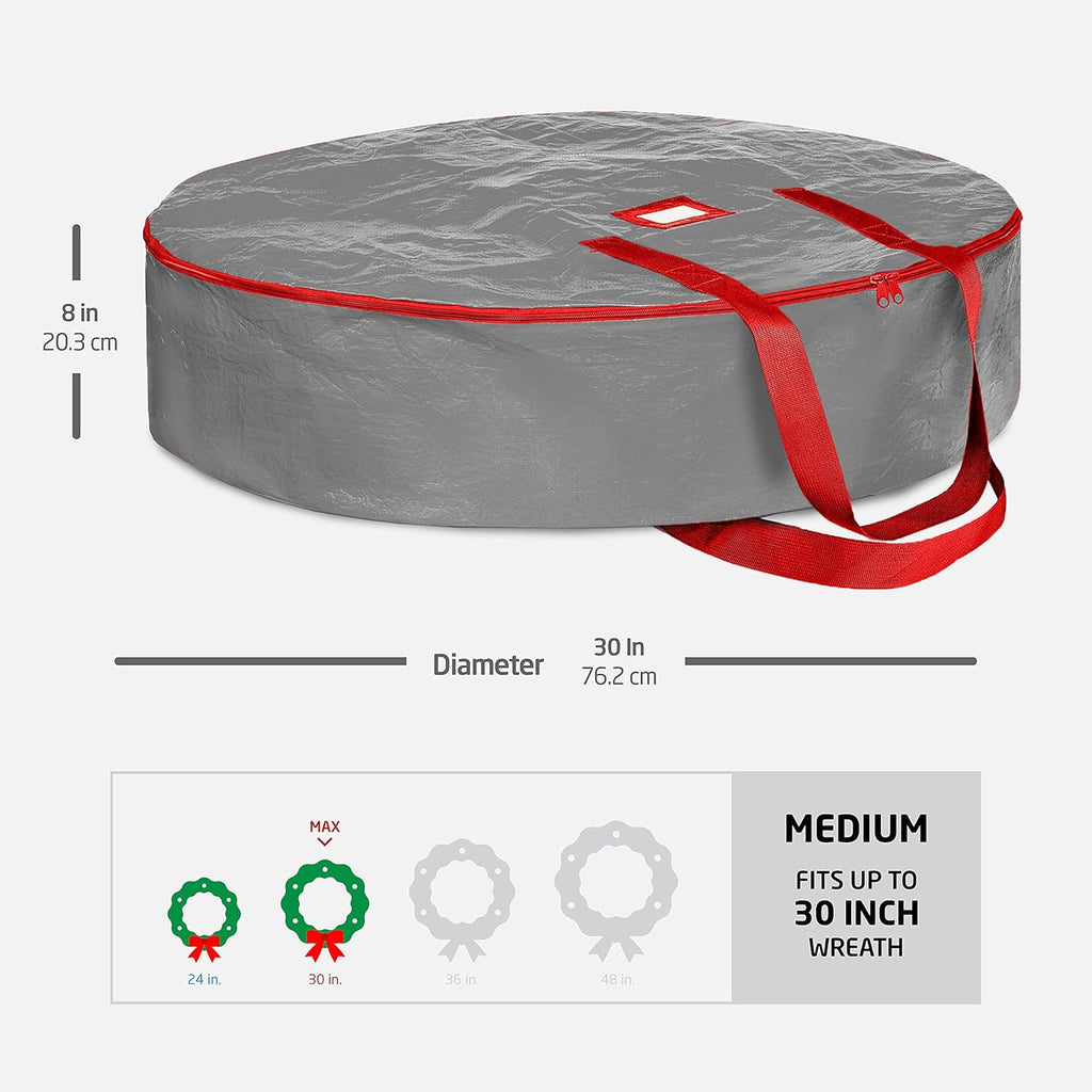 ZOBER Christmas Wreath Storage Container | 30-Inch Durable Bag with Dual Zippers & Strong Handles - Gray