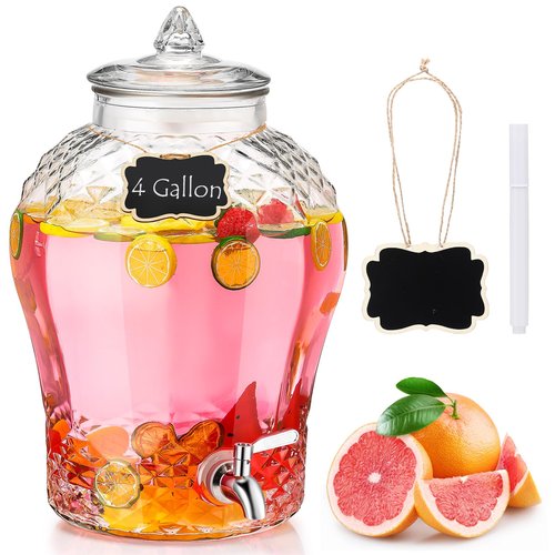 Baderke 4 Gallon Glass Drink Dispenser for Parties Beverage Glass Water Dispenser with18/8 Stainless Steel Leakproof Spigot Hanging Chalkboard Signs Pen for Party Wedding(Novel Style)
