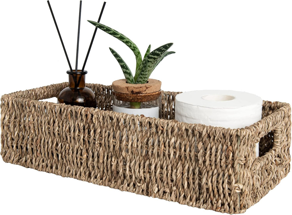 StorageWorks Seagrass Baskets - Stylish Bathroom Decor Box with Handles | 14.25"L x 6.5"W x 3.75"H