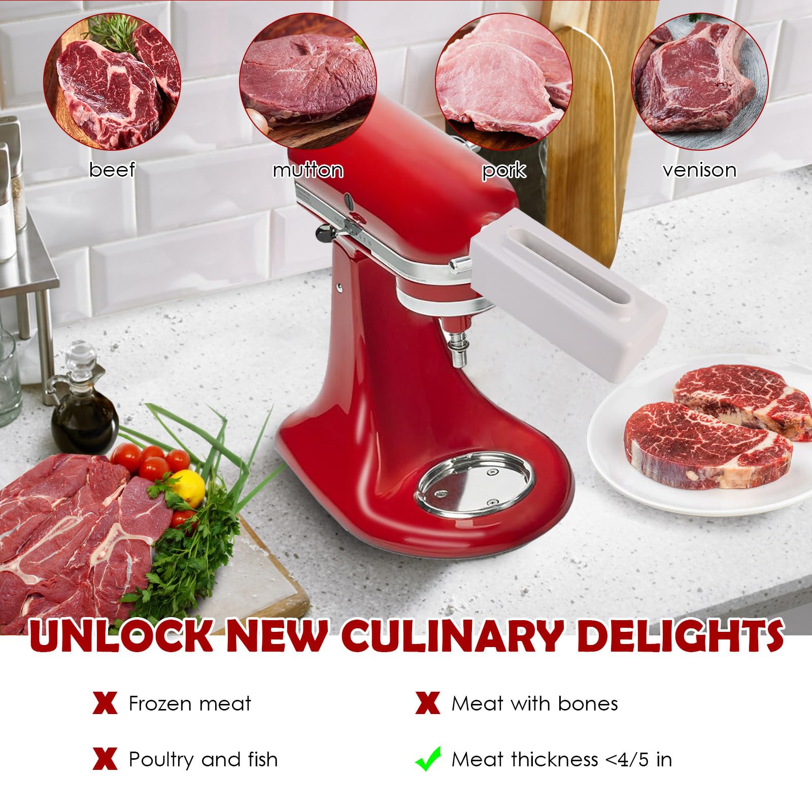 Meat Tenderizer for Kitchenaid, Meat Tenderize Attachment for Kitchenaid and Cuisinart Stand Mixer with Stainless Gears, White