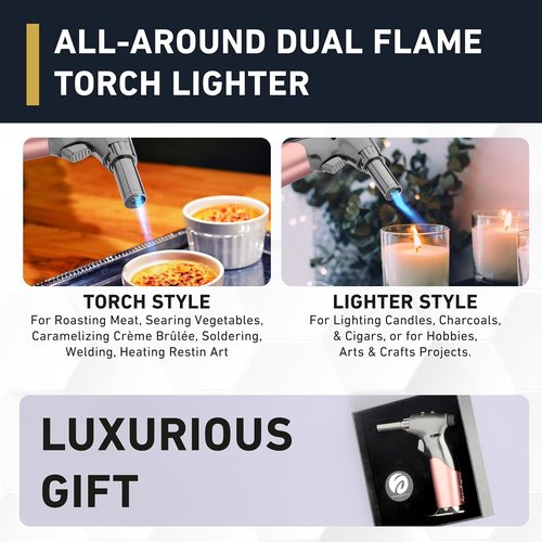 inZaynity Dual Flame Butane Torch Gun - Refillable Mini Blow Torch for Cooking & Soldering - Adjustable Flame, Steel Blush