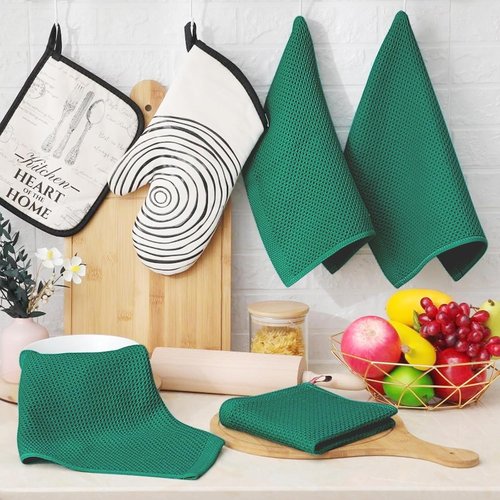 Homaxy Kitchen Dish Cloths - 100% Cotton Waffle Weave, Ultra Soft & Absorbent, 12 x 12 Inches, 6-Pack | Dark Green