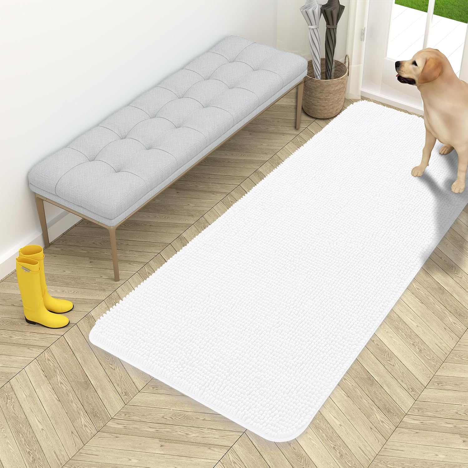 OLANLY Dog Door Mat - Absorbent Non-Slip Washable Doormat for Muddy Paws | 54x24 Inches, Quick Dry Chenille, White