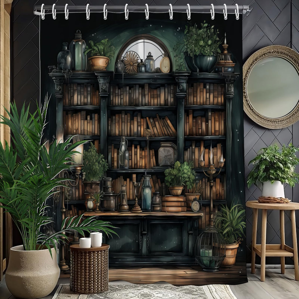 TSLOVER Gothic Bookshelf Shower Curtain for Bathroom Decor,Witchy Dark Academia Shower Curtains with Plant and Bookshelf Decor,Funny Waterproof Polyester Bath Curtains,72x72 Inch