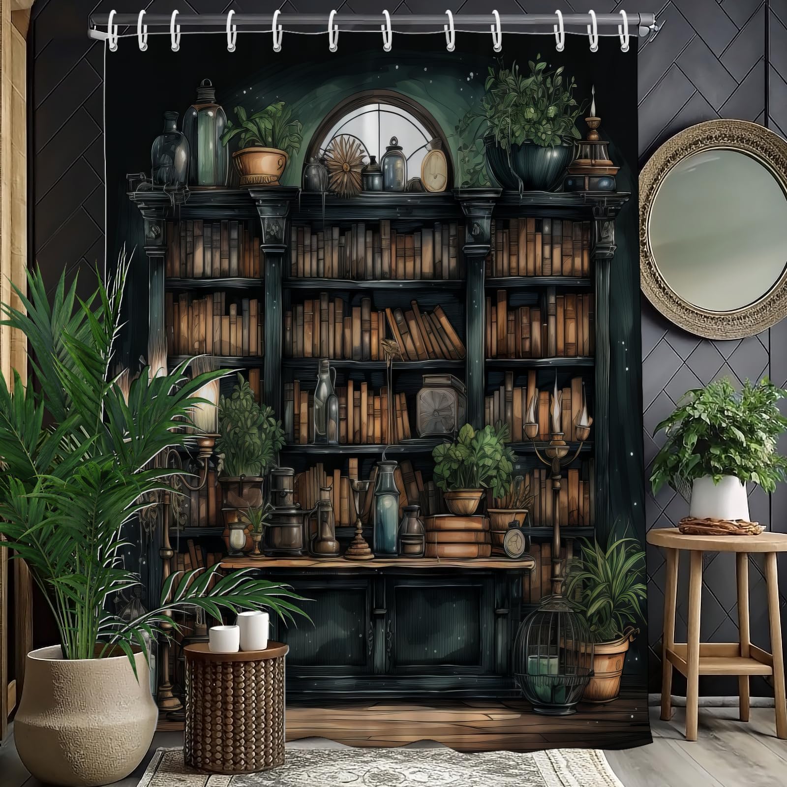 TSLOVER Gothic Bookshelf Shower Curtain for Bathroom Decor,Witchy Dark Academia Shower Curtains with Plant and Bookshelf Decor,Funny Waterproof Polyester Bath Curtains,72x72 Inch