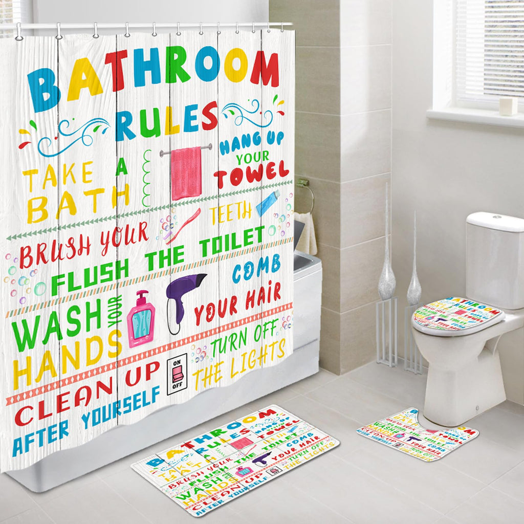 4 Pcs Kids Shower Curtain Sets, Funny Teen Boy Girl Bathroom Sets with Non-Slip Rugs and Accessories, Cute Colorful Bathroom Rules Fabric Toilet Lid Cover and Bath Mat, Shower Curtain with 12 Hooks.