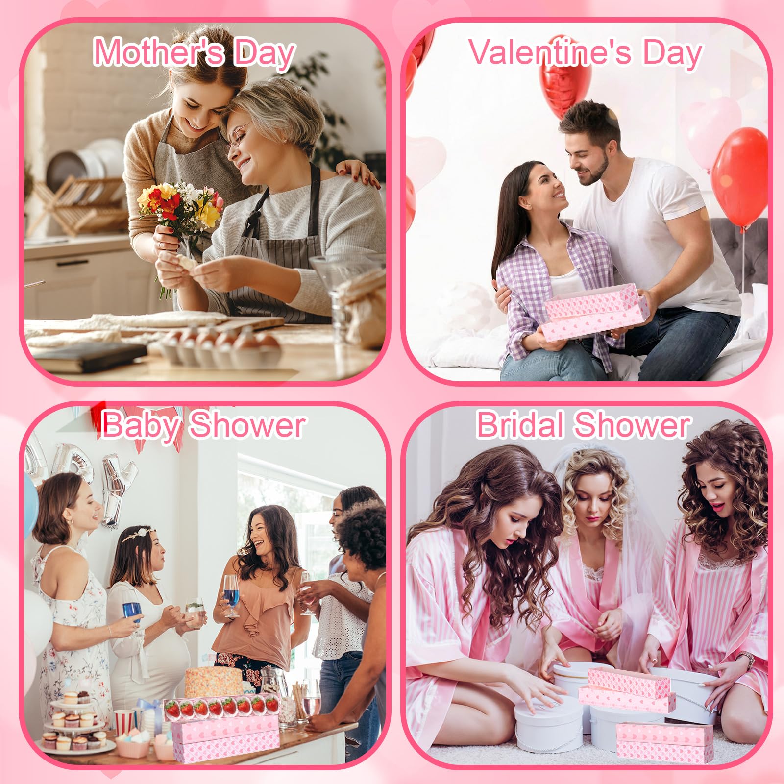 Reallnaive 30 Sets Mother's Day Chocolate Strawberries Boxes with Clear Window 30 Pcs Bakery Macaron Box 250 Pcs Paper Food Tray 4 Bags Raffia Gift for Mother's Day 12 x 2.2 x 2 Inch(Elegant Style)
