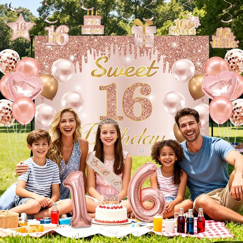 Sweet 16 Party Decorations, Sweet 16th Birthday Crown and Sash Pink Rose Gold Sixteen Cake Topper Banner Backdrop Balloons Hanging Swirls for Girls Happy 16 Years Old Party Supplies