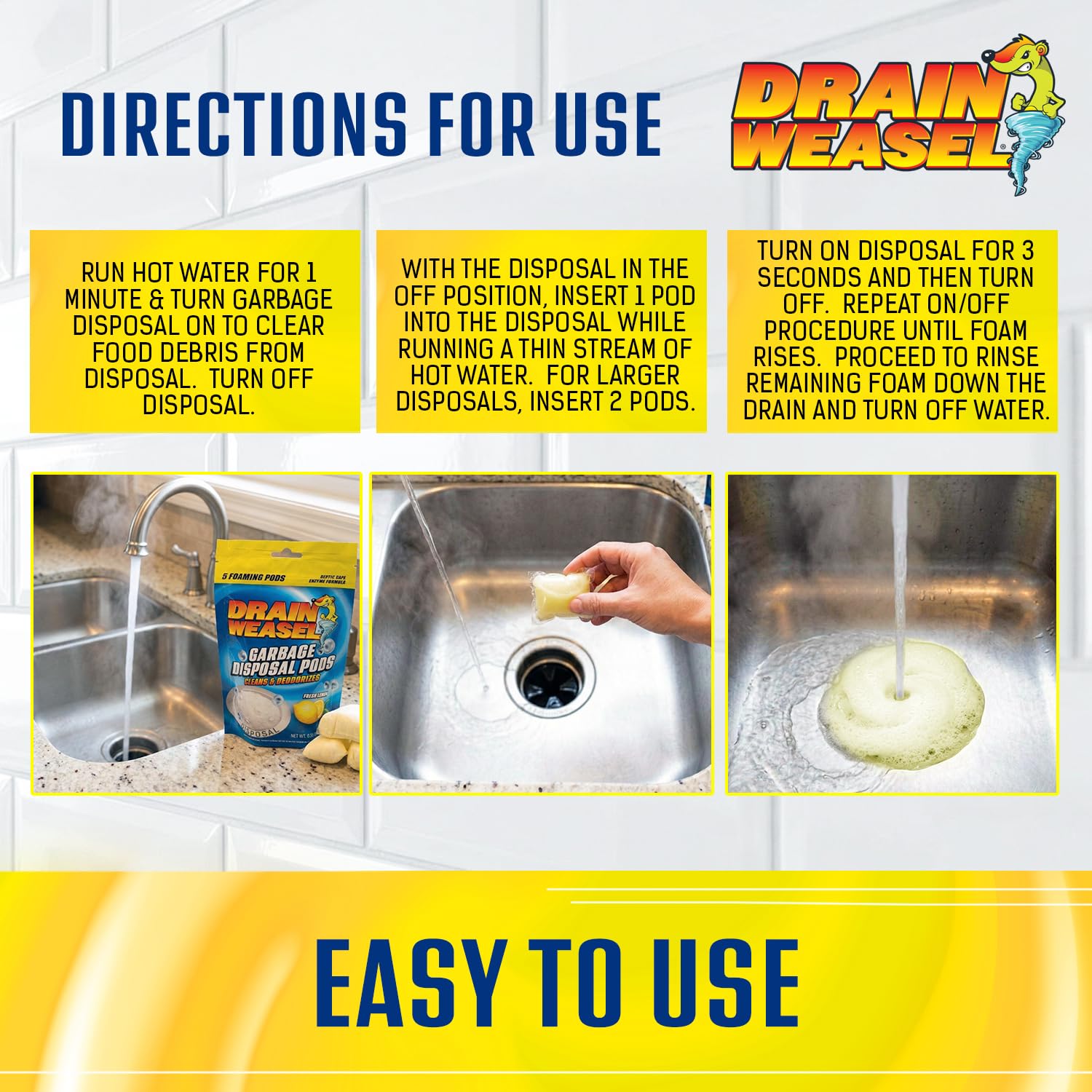 Drain Weasel Garbage Disposal Pods Cleaner and Deodorizer, Sink Odor Eliminator with Foaming Action, Septic-Safe Enzyme Formula, Fresh Lemon Scent, Pack of 5