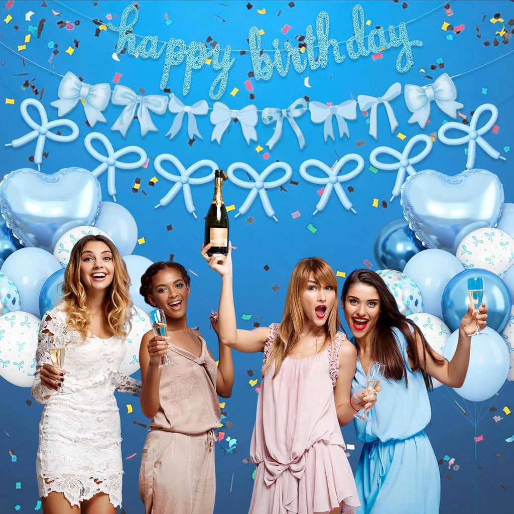 Skiennix Blue Bow Birthday Decorations - Coquette Party Set with Happy Birthday Banner & Foil Balloons
