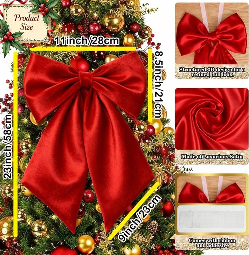 Big Red Bows | 23x11 In Ruby Red Satin Christmas Tree Topper & Holiday Decor