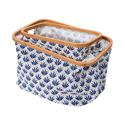 Household Essentials Bamboo Rimmed Krush Hamper with Cutout Handles, Set of 2 Sizes, Blue Cacti