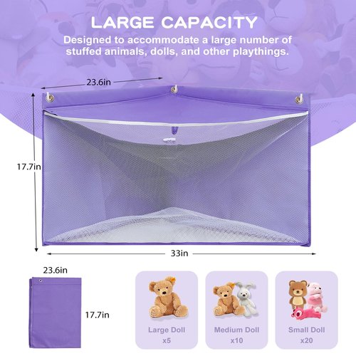 ANROYE Large Corner Stuffed Animal Storage, Kids Plushies Toy Purple Wall Hammock for Girls Room, Baby Squishmallow Holder for Nursery, Organizer Idea for Bear Hanging Display Boy Gift