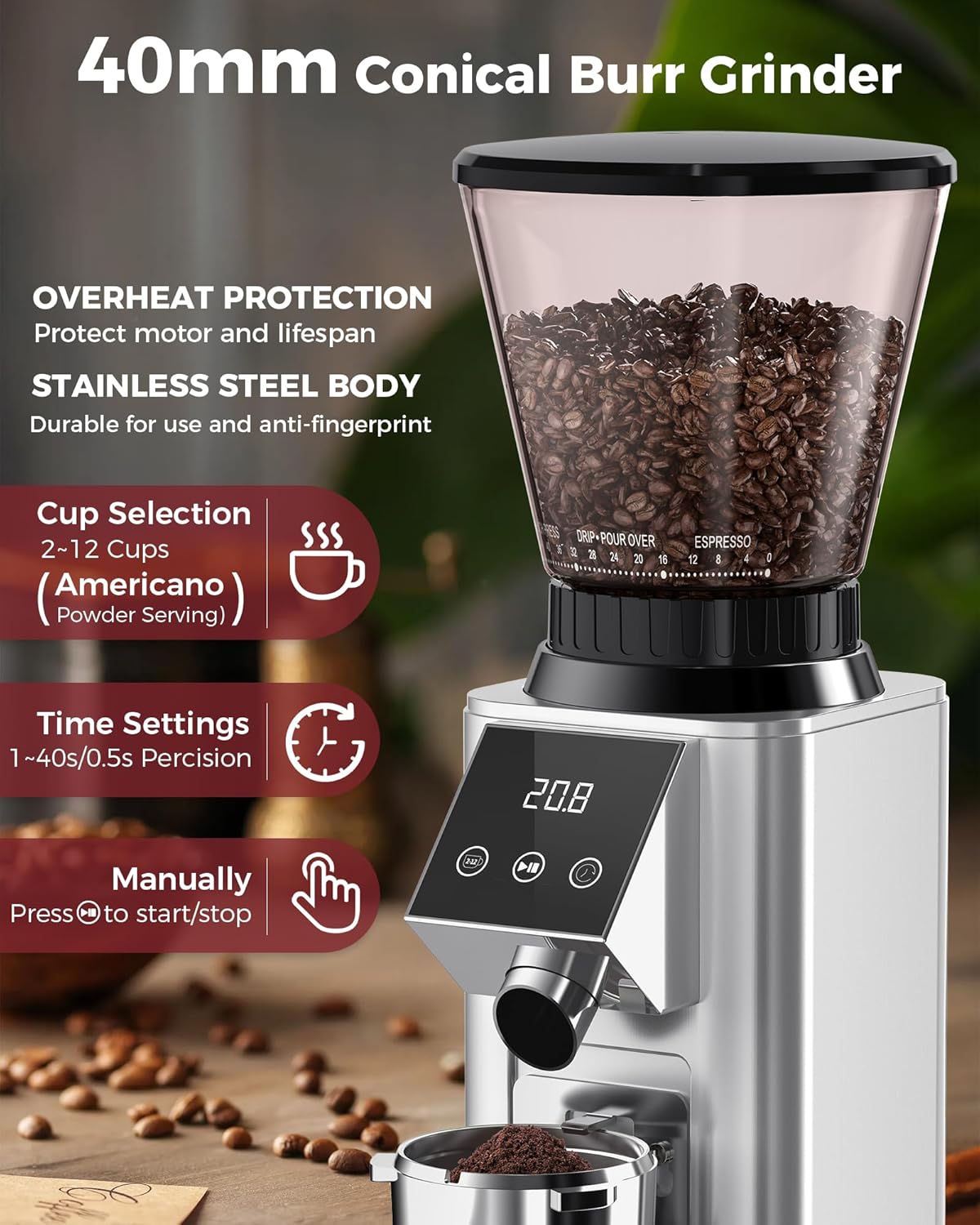 Tuni G1 Coffee Grinder - Precision Conical Burr Mill with 48 Grind Settings & LED Touchscreen - Stainless Steel Silver
