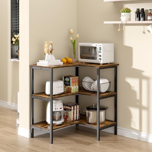 VECELO Corner Cabinet Table with 3 Tier Open Shelf, Multipurpose Display Organizer Storage Stand for Small Space Home Office Kitchen, Brown