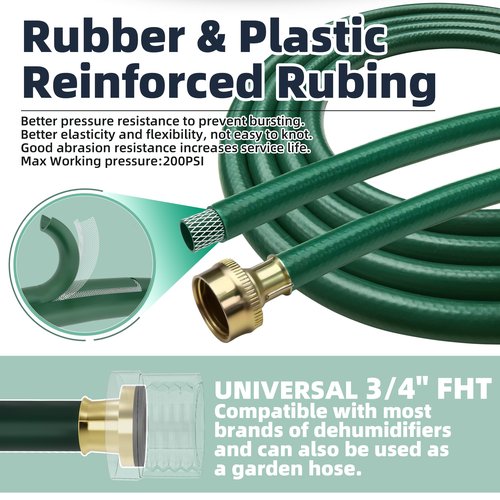 TT FLEX Burst-Proof Dehumidifier Drain Hose – 5 FT Green Rubber, 3/4" FHT, Heavy Duty, Flexible, Leak-Resistant for Efficient Water Drainage,CUPC and NSF-61 Certificated