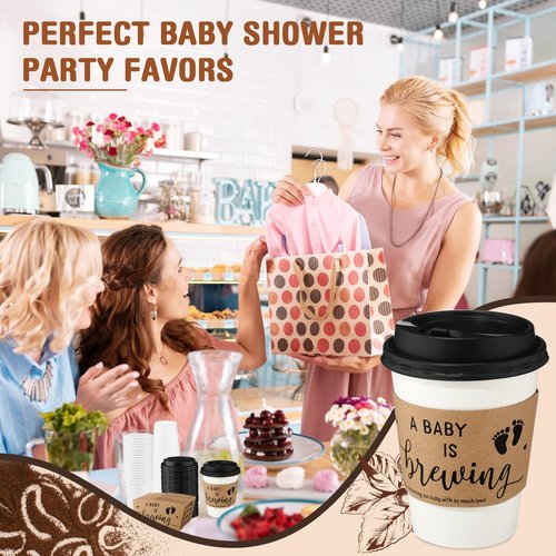 Jingmore 50 Sets Baby Shower Coffee Party Favors for Guests A Babys is Brewing Coffee Cup with Lids Sleeves Disposable Paper Cup Tea Party Supplies for Hot Iced Juice or Tea (12 oz)