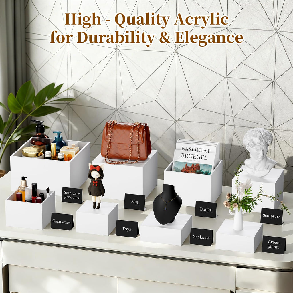 6 PCS 12" to 6.8" White Buffet Risers with Mini Sign and Makers, Large Food Risers for Buffet Table, Display Shelf Stands for Party, Catering, Dessert, Jewelry Collectibles, Nesting Cube Boxes with Hollow Bottoms Set (12",10",9",8",7.5",6.8")