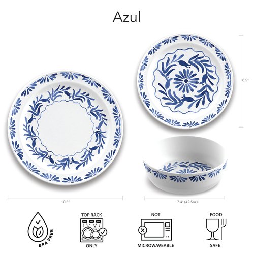 Abode Homewares Azul 7.4'' Dinner Bowl Durable Melamine Indoor/Outdoor, Shatter-Resistant, and Dishwasher Safe Dinnerware for Salad, Soup or Snacks - Blue - Set of 6