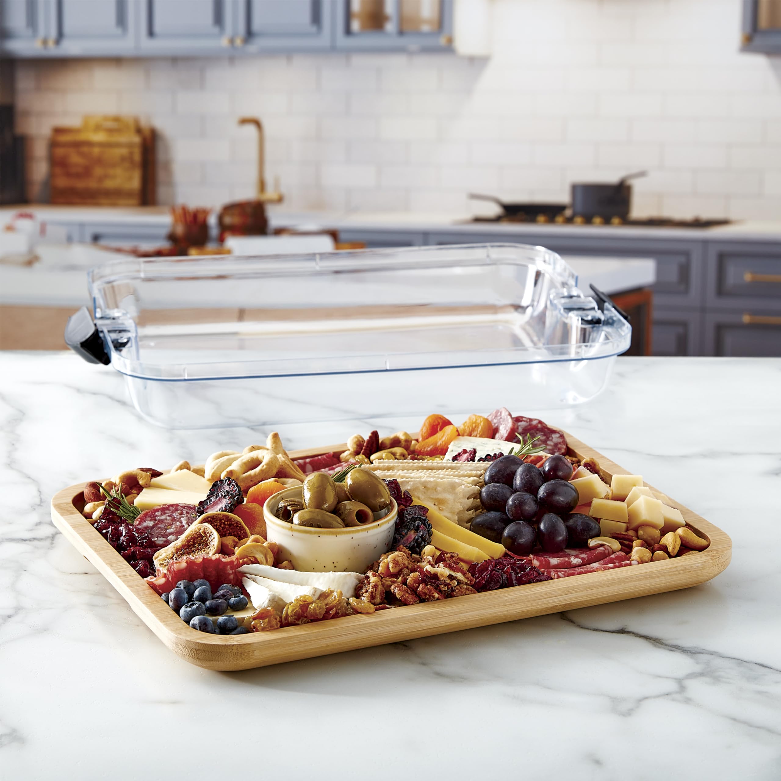 Farberware Bamboo Cutting Board with Clear Locking Lid, 11x14 Inch Charcuterie Board with Handles - Reversible Serving Board for Cheese, Meats, Snacks and More