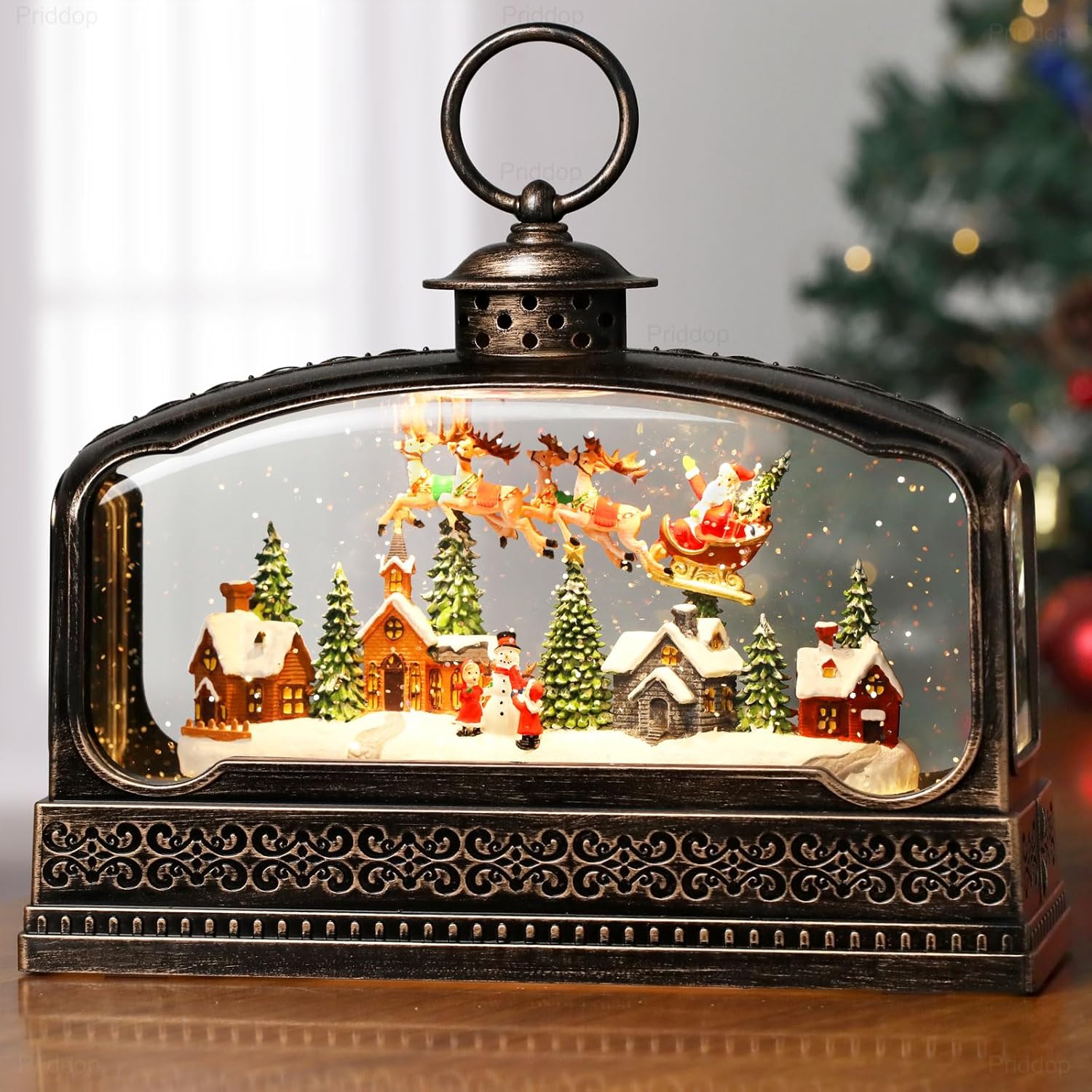 Priddop Christmas Snow Globe - Santa Claus & Snowman Village Scene | USB/Battery Timer & Music