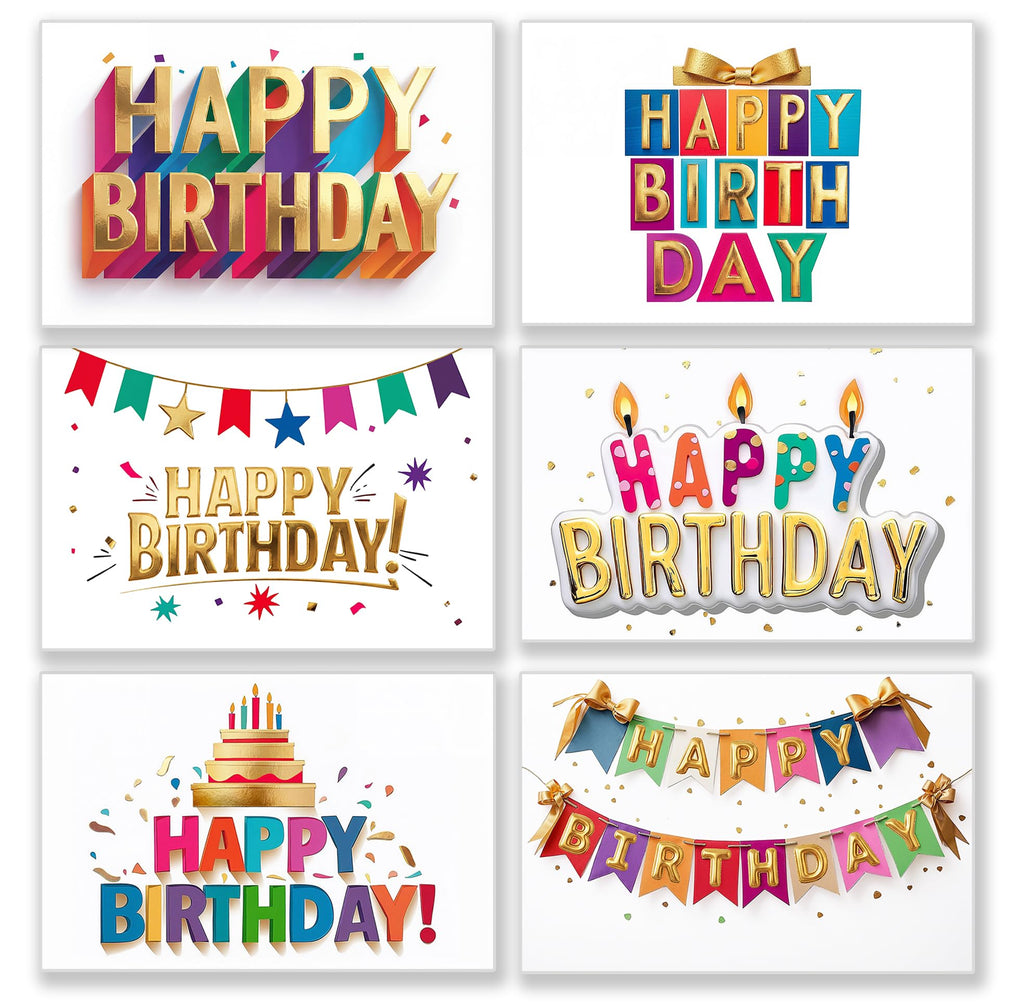 150 Happy Birthday Cards Bulk, Gold Foil Printing with Envelopes and Stickers - 6 Designs Greeting Notes with Messages Inside for Office, Employees,Business, Personal 4x6 Inch