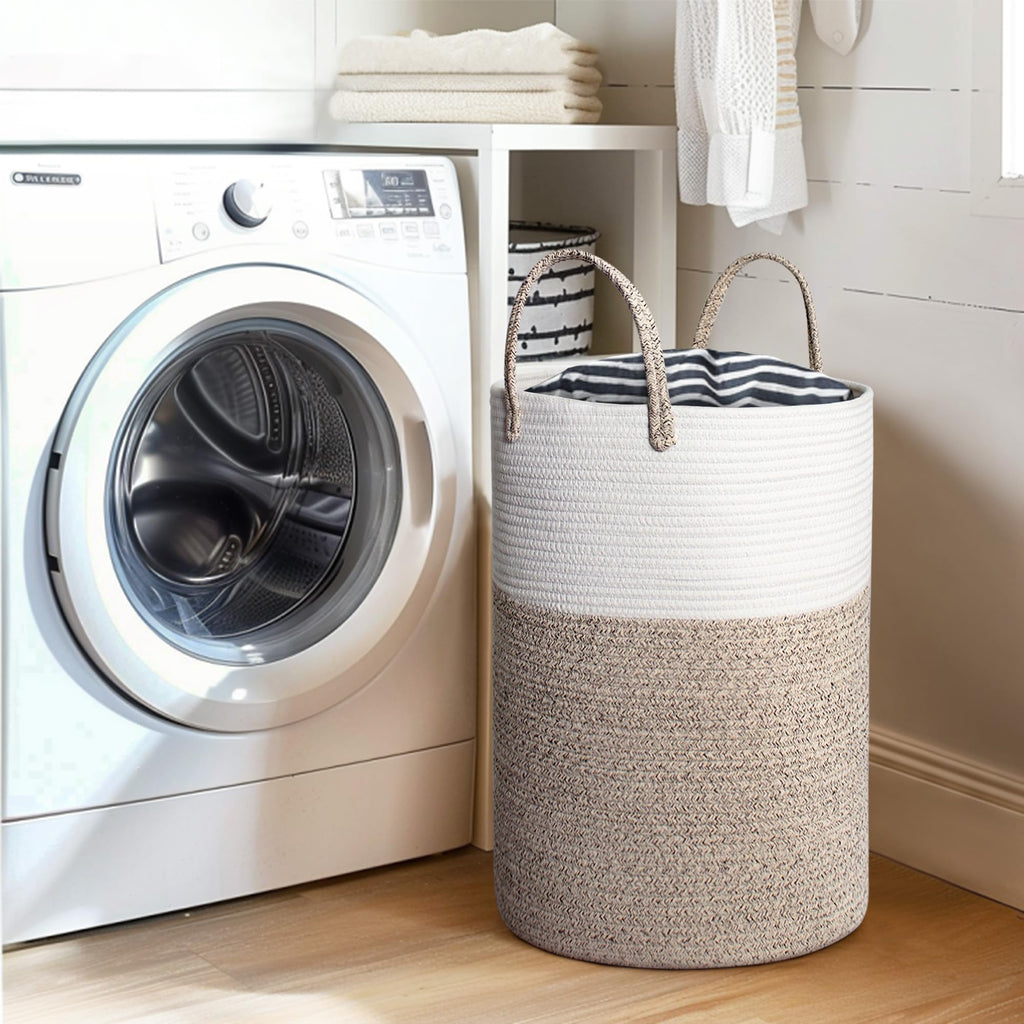 WILLITAT Large Woven Laundry Basket, 15”x18” Tall Blanket Basket Living Room, Cotton Rope Hamper for Bedroom Aesthetic, Baby Nursery, Wicker Hamper for Dirty Clothes, Kids Toy Laundry Storage Bin
