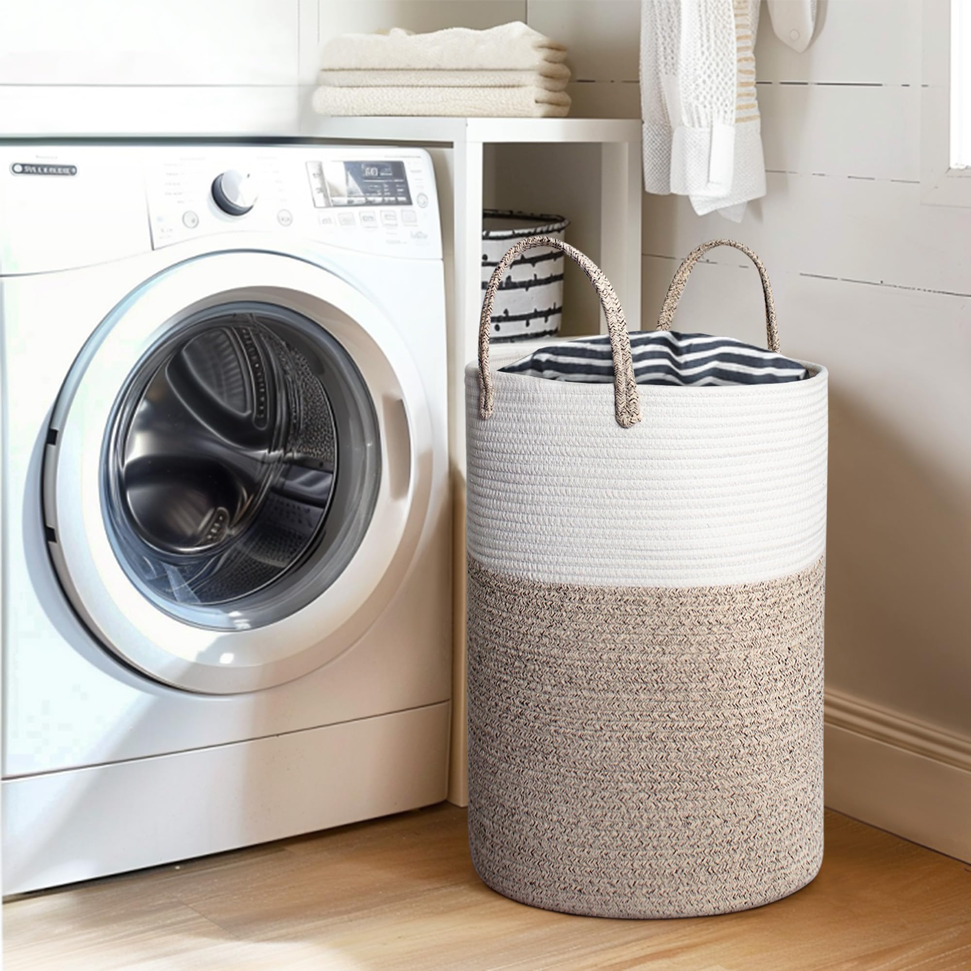 WILLITAT Large Woven Laundry Basket, 15”x18” Tall Blanket Basket Living Room, Cotton Rope Hamper for Bedroom Aesthetic, Baby Nursery, Wicker Hamper for Dirty Clothes, Kids Toy Laundry Storage Bin