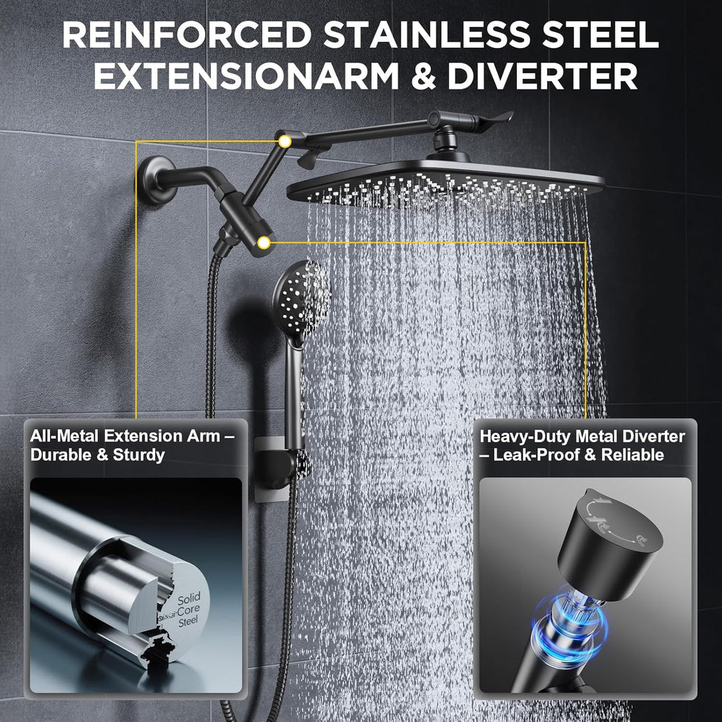 Veken Rain Shower Head - High Pressure Handheld Shower with Multi Spray Modes | 11.8" Matte Black
