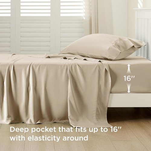 Bedsure Cooling Sheets - Twin XL Bamboo Rayon, Breathable & Soft, Deep Pocket Up to 16 Inches, Beige