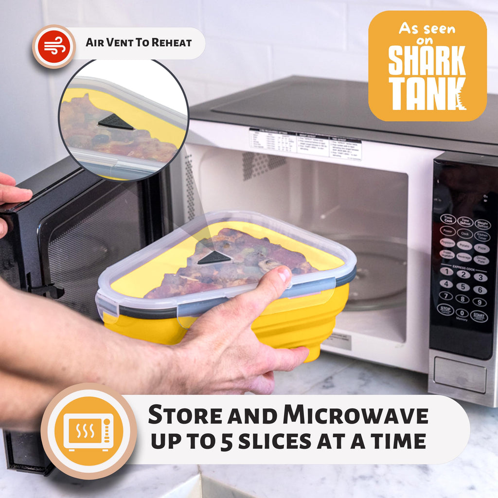 PIZZA PACK The Perfect Reusable Pizza Storage Container with 5 Microwavable Serving Trays - BPA-Free Adjustable Pizza Slice Container to Organize & Save Space, 3 Pack, Yellow