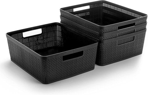 BINO Woven Plastic Basket - Medium Black 4-Pack | Stylish Home Organization & Space-Saving Storage