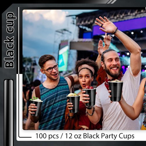 Dualshine 12 oz Heavy-Duty Black Plastic Cups - 100 Pack Disposable Party Drinkware for Events