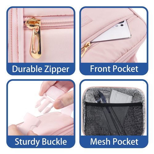 Aosbos Insulated Lunch Bag for Women - Cute Small Quilted Lunch Box Cooler for Work, Office, Picnic - Soft, Portable Adult Lunch Bags, Pink
