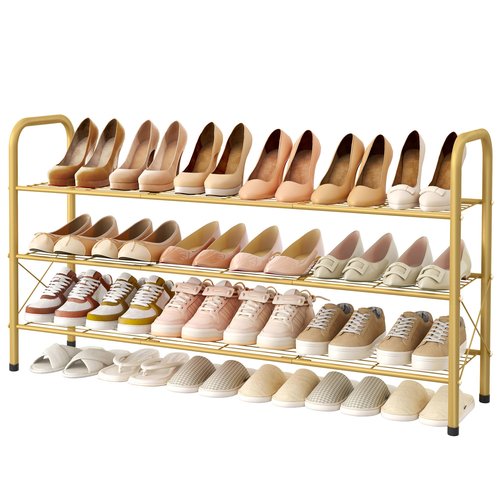 Hoctieon 3 Tier Mesh Style Shoe Rack, Entryway Shoe Shelf, Shoe Storage Organizer, Shoe Rack for Closet, Space Save for Bathroom, Garage, Hallway, Bedroom, Living Room, Gold