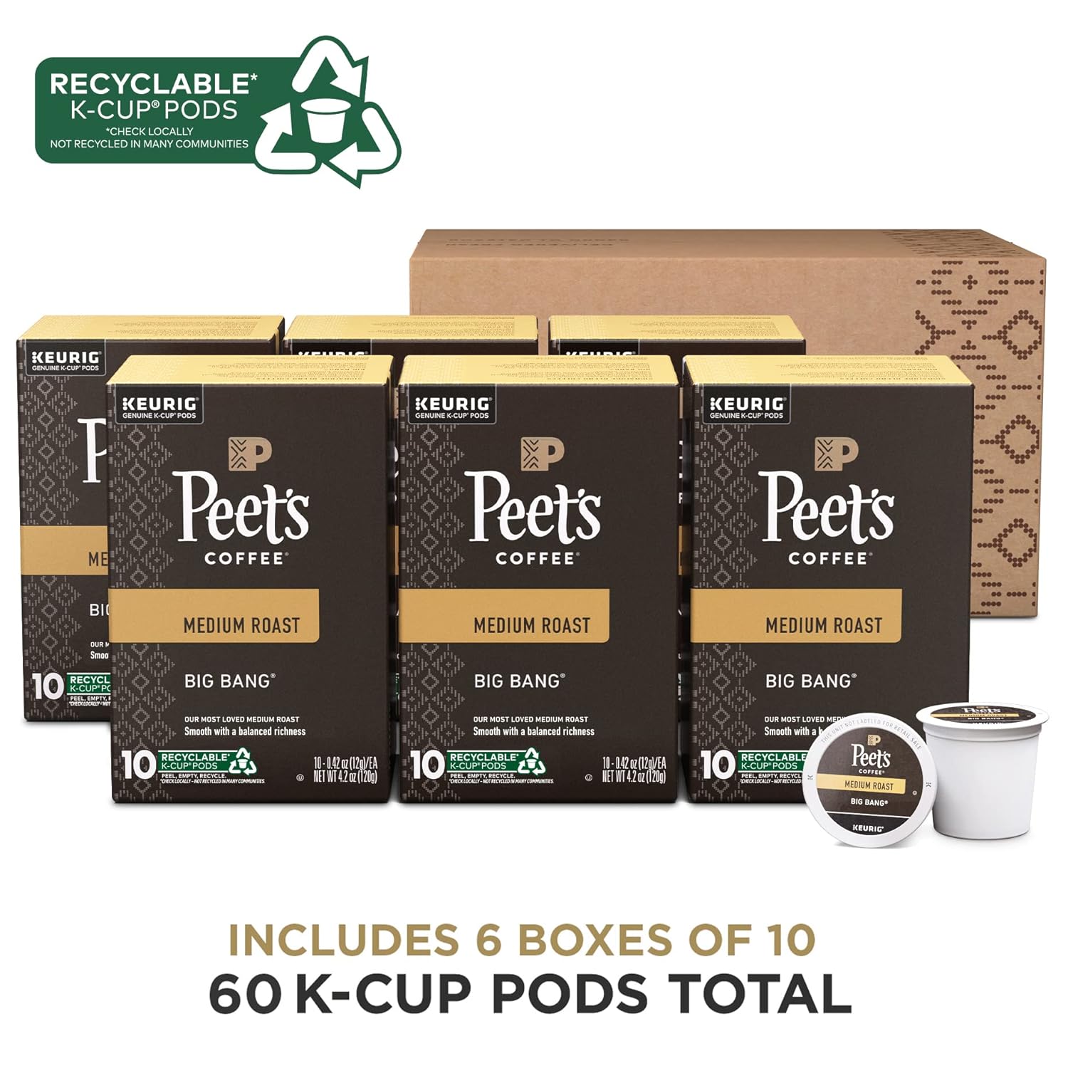 Peet's Coffee Medium Roast K-Cup Pods - 100% Arabica Big Bang Flavor | 60 Count (6 Boxes of 10 Pods)