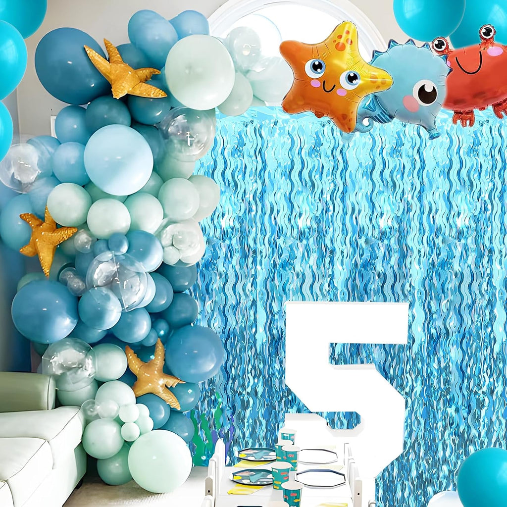 Skiennix Wavy Tinsel Foil Fringe Curtains - Teal Blue Streamers Backdrop for Ocean Themed Parties | 2 Pack, 3.2 ft x 6.6 ft