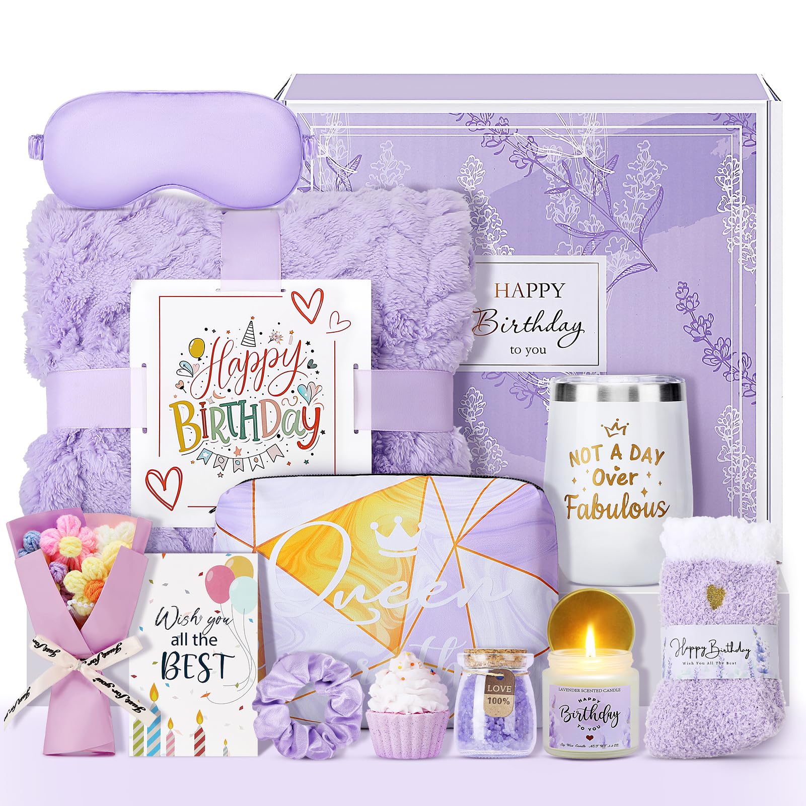 Joyliss Birthday Gifts for Women, 13PCS Unique Happy Birthday Gifts Basket for Mom Her Best Friend Sister Wife Girlfriend Coworker Bestie, Luxury Self Care Box Relaxing Spa Gifts Set (Lavender)
