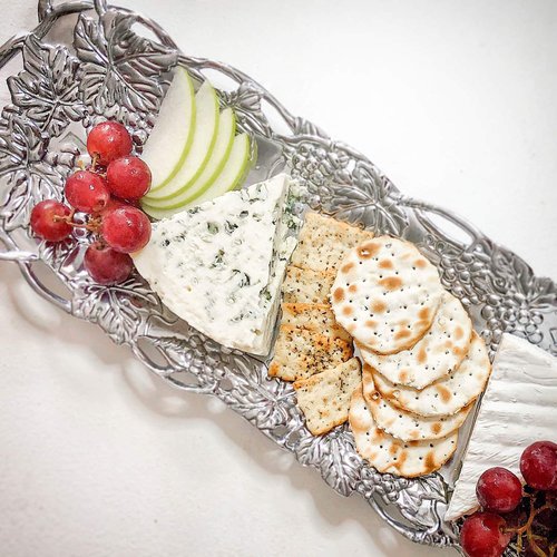 Arthur Court Metal Oblong Serving Tray Grape Pattern Sand Casted in Aluminum with Artisan Quality Hand Polished Designs Tarnish Free 19 inch x 5.5 inch