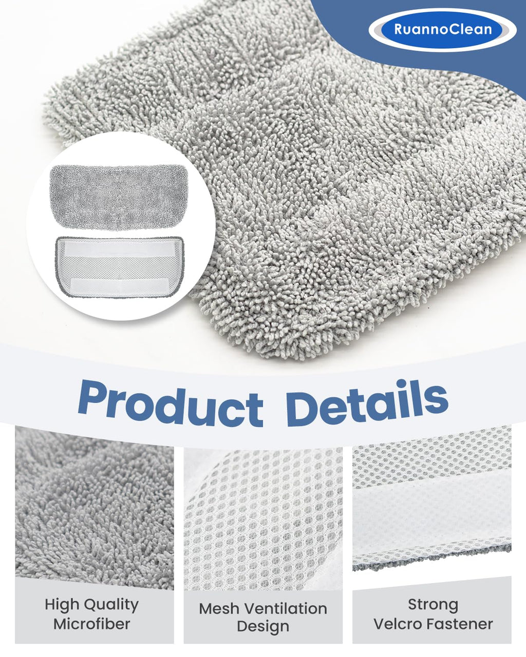 RuannoClean Steam Mop Pads Compatible with GorFanty Steam Mop GF-6610B & GF-6610, Replacement Mop Pads Compatible With Neugo NE033 NE033M Series Steam Mop, Washable & Reusable Microfiber Cloth -4 Pack