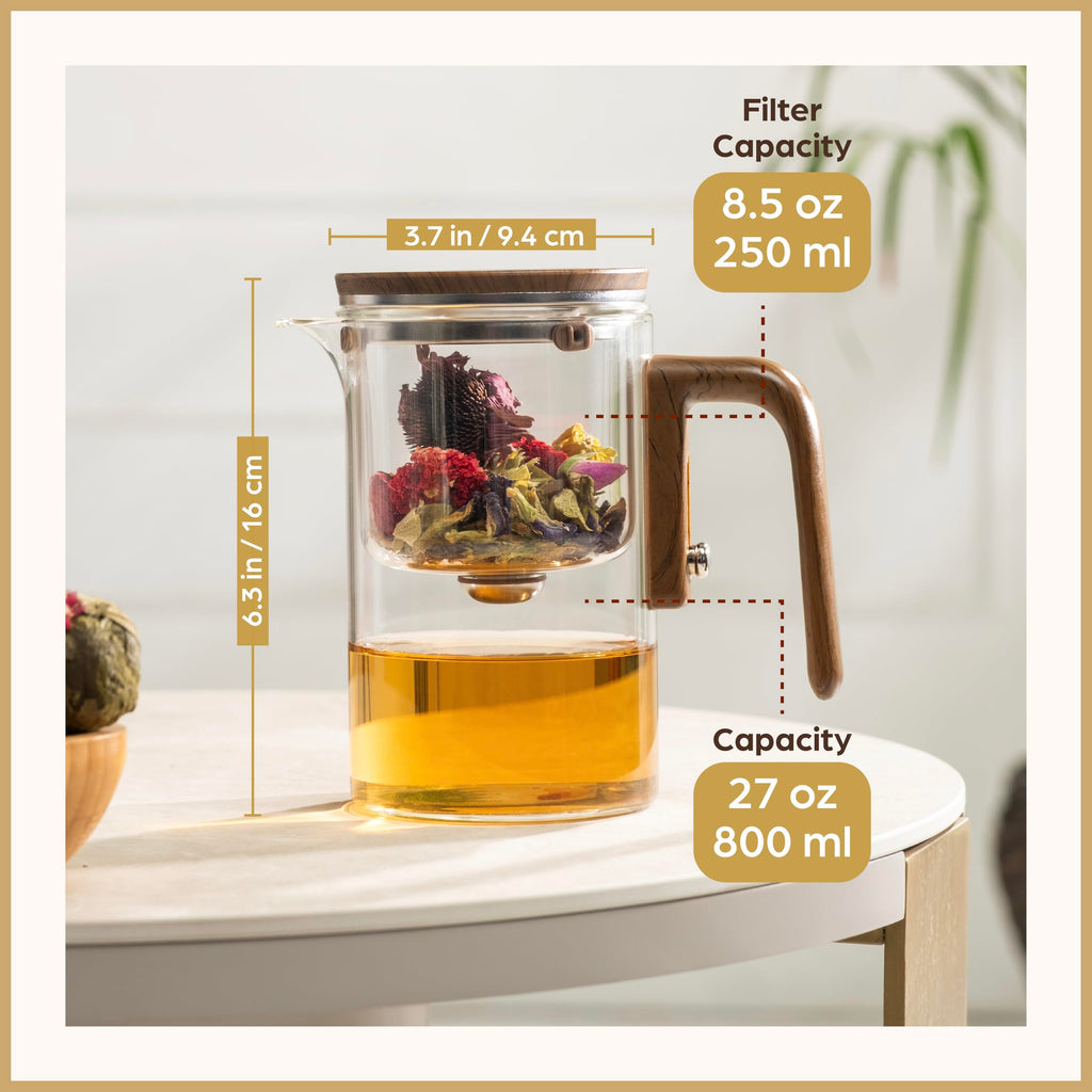 WOLTBLOOM Enchanti Glass Teapot with Infuser - Magic Tea Pot for Loose Leaf Tea - Borosilicate Glass Tea Maker with Heat-Resistant Handle - Gift Box & Writable Card - 800ML (27oz)