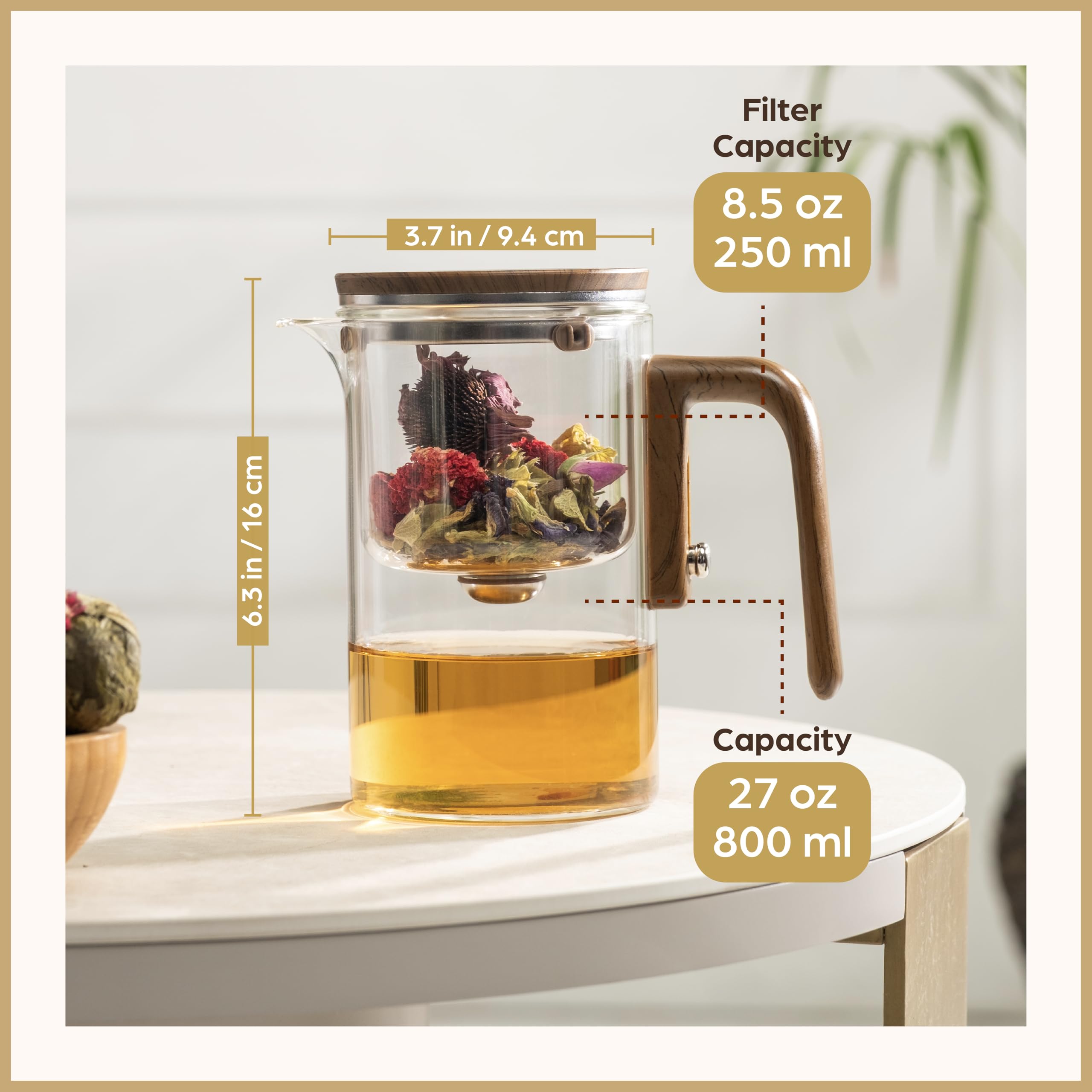 WOLTBLOOM Enchanti Glass Teapot with Infuser - Magic Tea Pot for Loose Leaf Tea - Borosilicate Glass Tea Maker with Heat-Resistant Handle - Gift Box & Writable Card - 800ML (27oz)