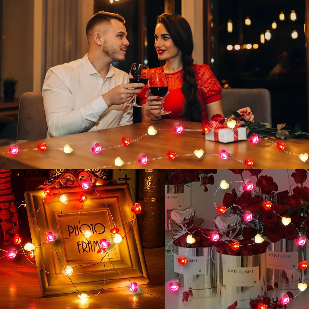 Valentines Day Decor 10FT 30 LED Valentines Decorations Red Pink White Heart String Lights Battery Operated, 8 Light Modes Valentines Day Lights Fairy Light Romantic Valentine's Decor Home Table Party