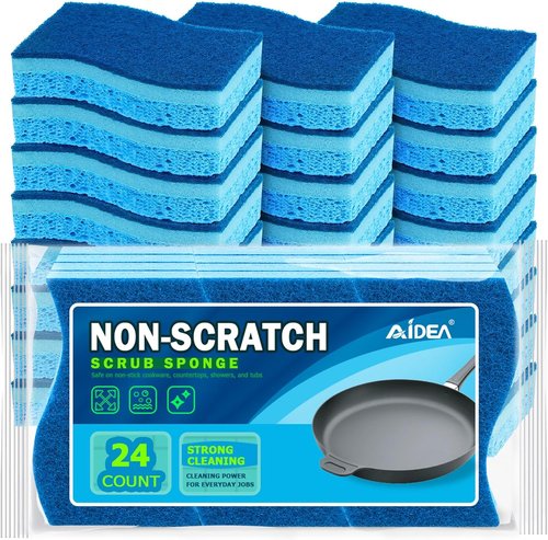 AIDEA Non-Scratch Kitchen Sponges - 24 Count for Safe Cleaning of Non-Stick Cookware & Dishes