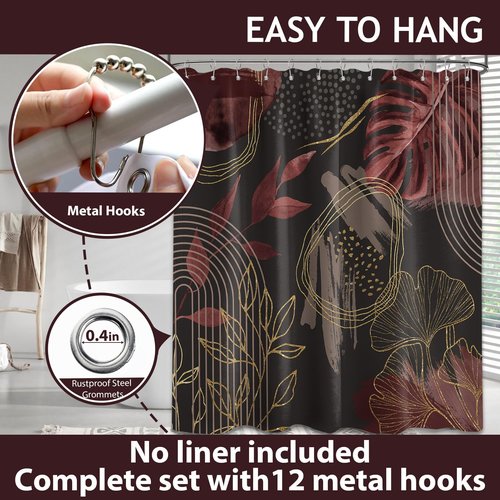 soeeao Black and Dark Red Shower Curtain Mid Century Modern Burgundy Maroon Leaf Shower Curtains for Bathroom Decor Set, Waterproof Cloth Fabric with Hooks, 70" W x 72" L