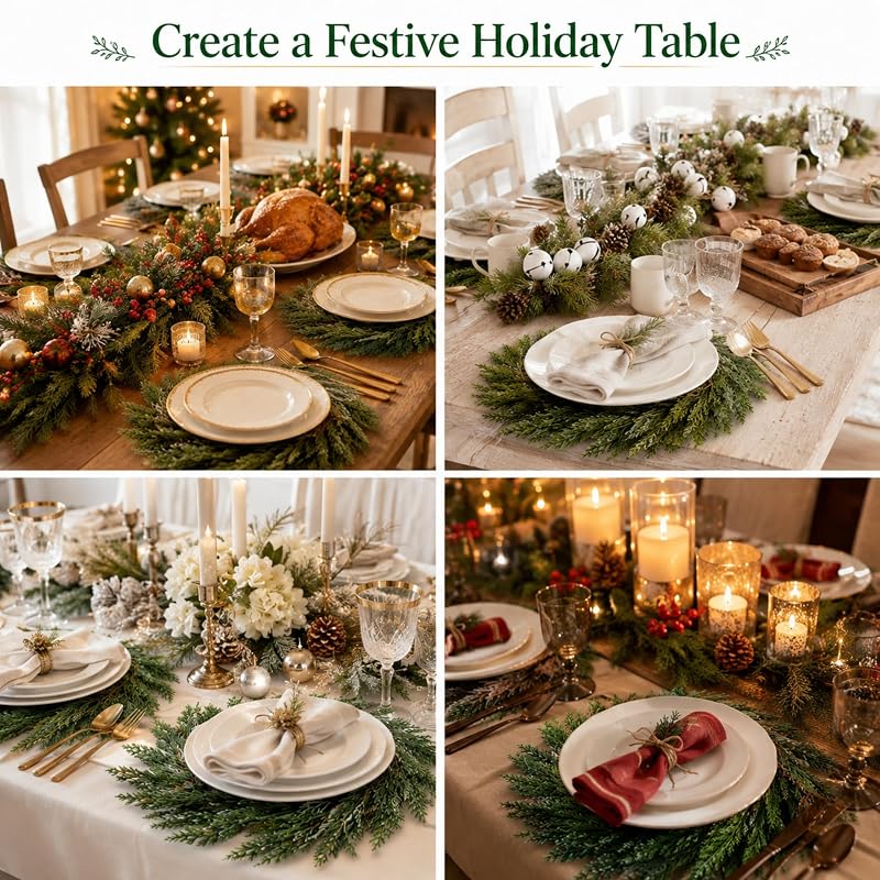 Christmas Placemat Set of 6 Artificial Pine Needle Wreath Round Mats – 26cm Center 40cm Edge, 6+ Soft Pine Needles