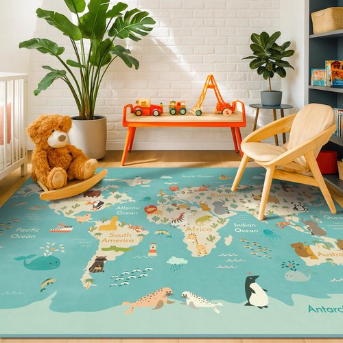 Washable Kids Playroom Rug – 5x7 Play Rug for Preschool Toddlers, Baby Girls, Educational with Cute Animals – Non-Slip, Stain Resistant, Soft & Safe for Bedroom, Play Room and Classroom - Blue