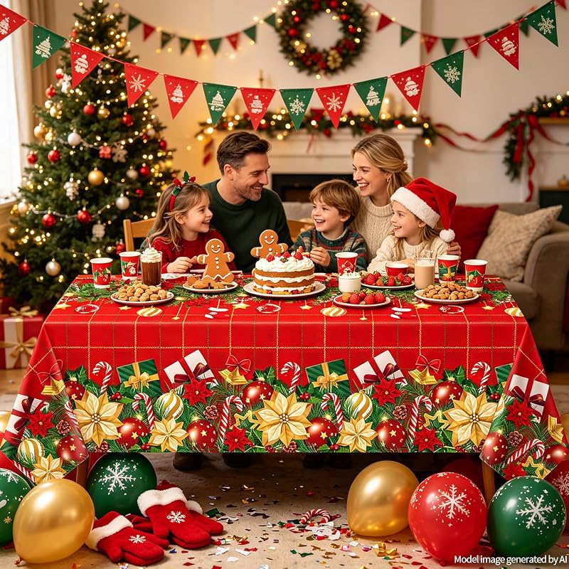 4 Pcs Christmas Poinsettia Plaid Tablecloth 51 x 86 inches - Red Holiday Plastic Table Cover (Variation of THIS listing: 1)